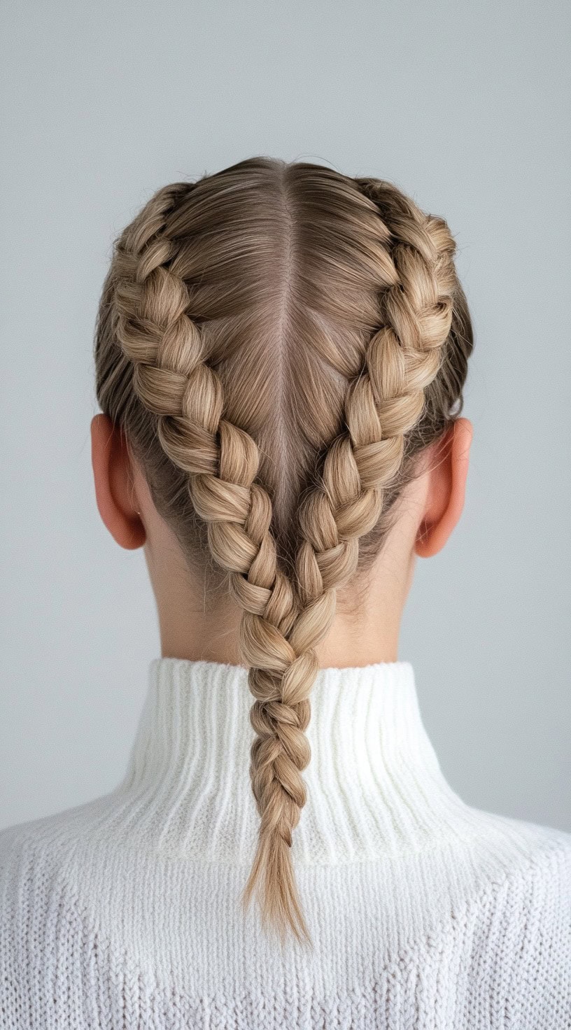 Back view of a woman with blonde hair styled in two Dutch braids, ensuring a firm and structured look, perfect for under a helmet.