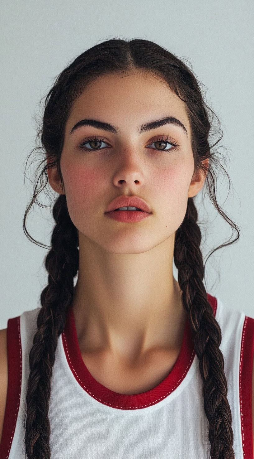 Front view of a woman with two neatly styled Dutch braids starting at the front of the scalp and extending down both sides.