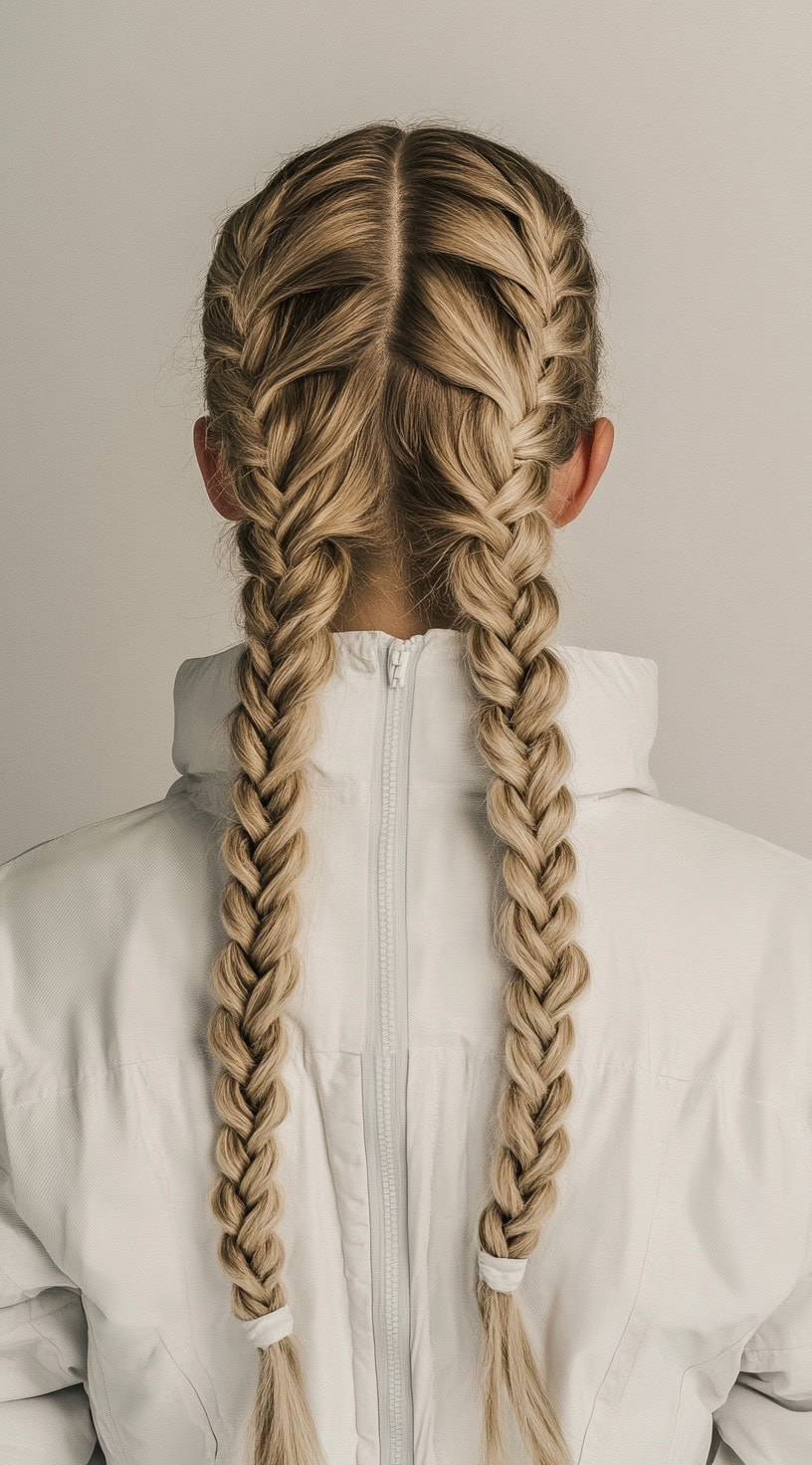 Back view of a woman with long, blonde hair styled into two tight French braids.