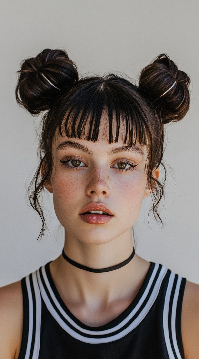 In this image, the person is sporting two space buns with loose curtain bangs framing the front.