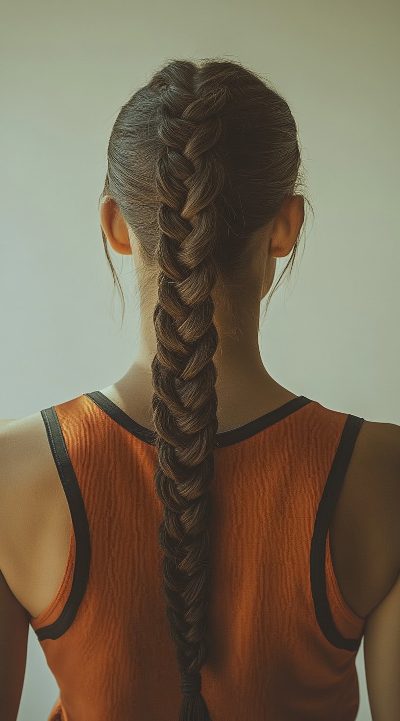 Back view of a woman with a thick, tight Dutch braid extending from the top of her head to the end of her long hair.