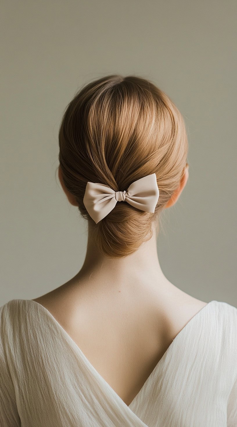 Back view of a woman with a neat low bun decorated with a small beige bow.