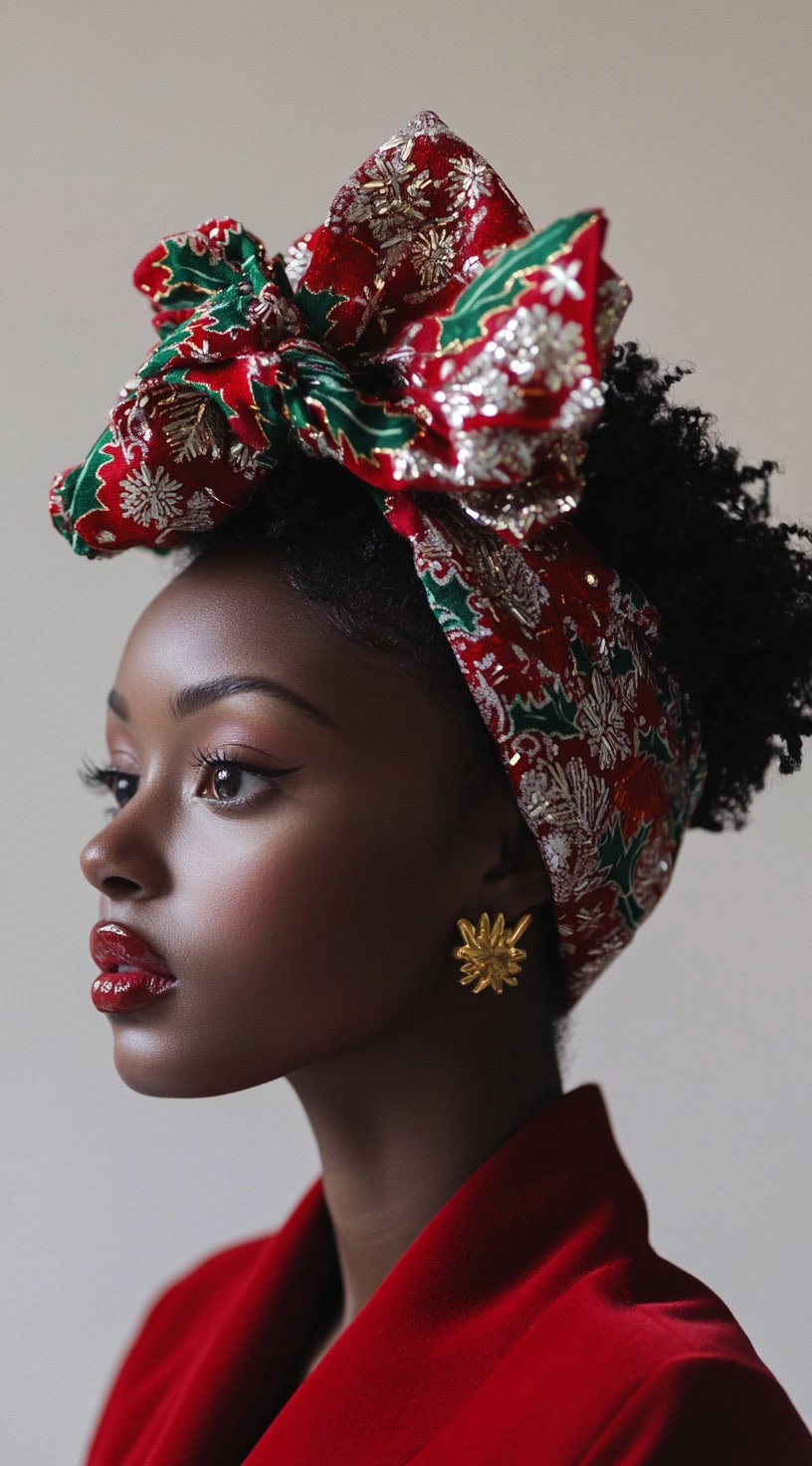 Profile view of a woman with an afro adorned with a bold, festive red and green headwrap.