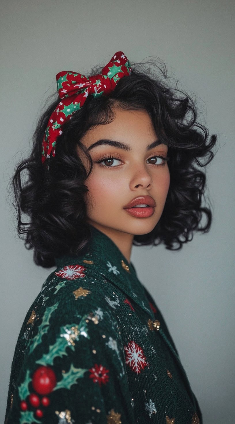 Curly bob hairstyle with a large green-and-red printed bow, worn by a woman with dark hair.