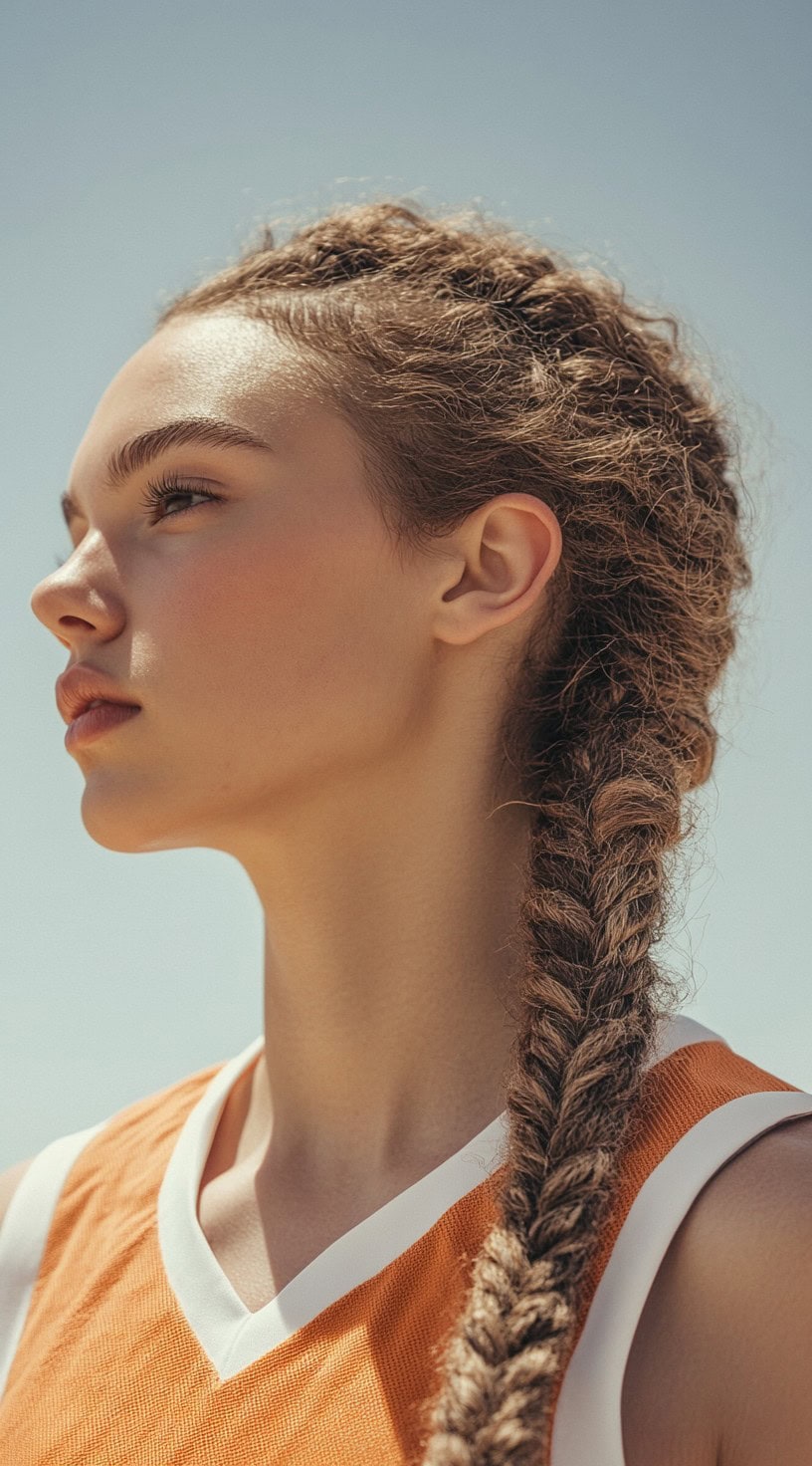 In this image, the person has a thick, voluminous fishtail braid that cascades down their back, with naturally textured hair framing the face.