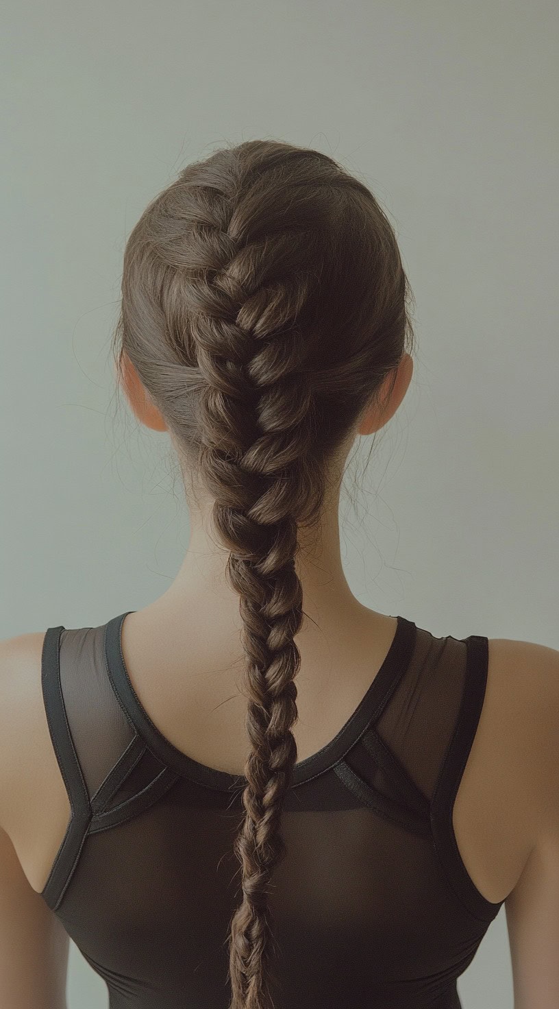 Back view of a woman with a long, neat French braid extending down the back.