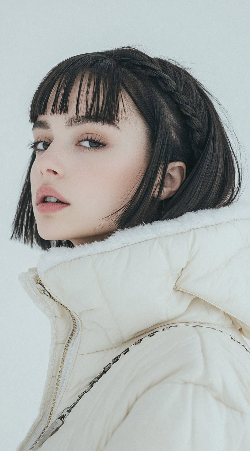 Young woman with short bob-length hair and a half-up braided crown, accompanied by straight-cut bangs, creating a chic look.