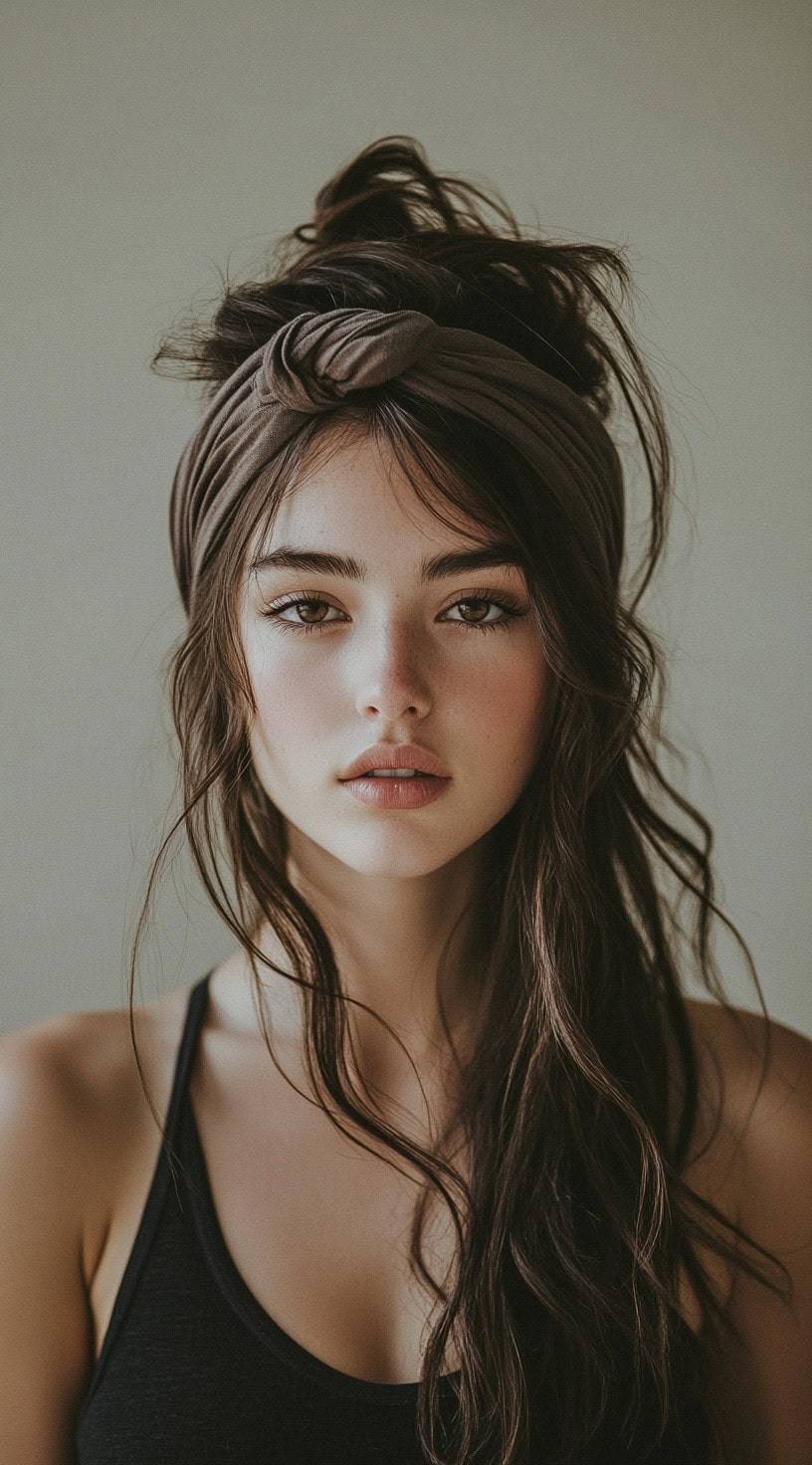 Front view of a woman with a half-up, half-down hairstyle and a knotted dark brown headband.