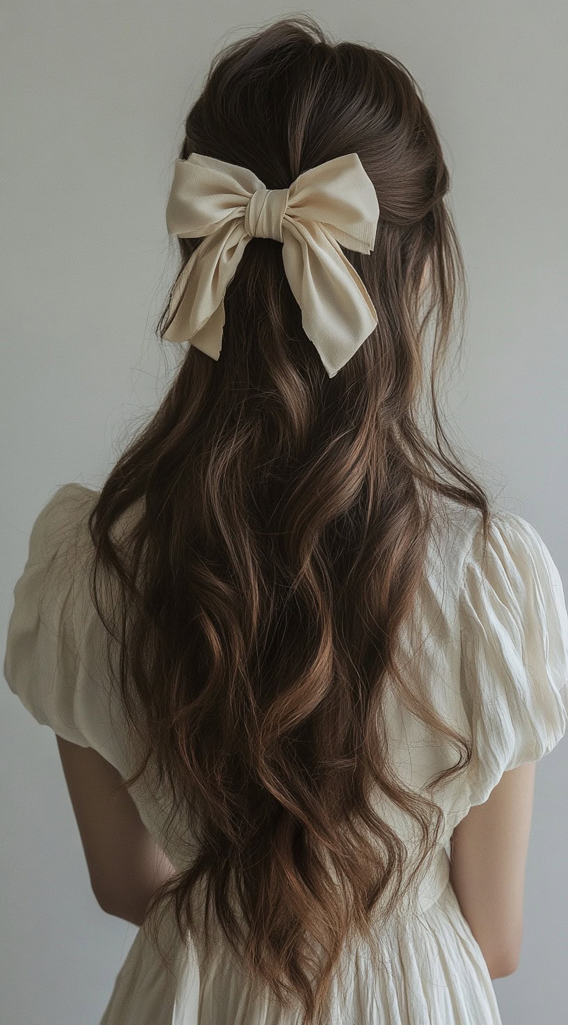 Back view of a woman with long, wavy hair styled in a half-up half-down with a cream-colored bow.