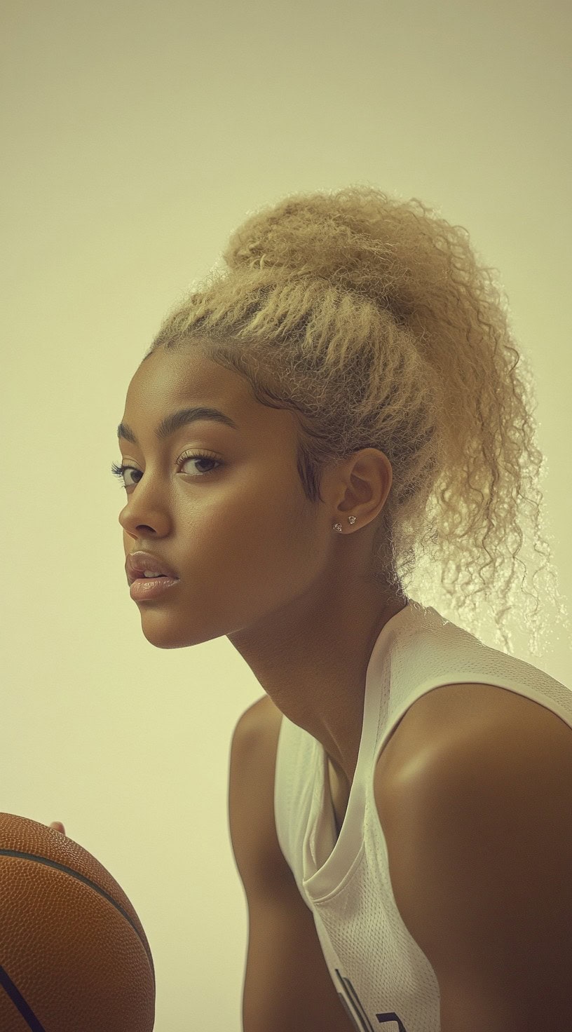 A young woman with light blonde curly hair is wearing her hair in a voluminous, high ponytail.