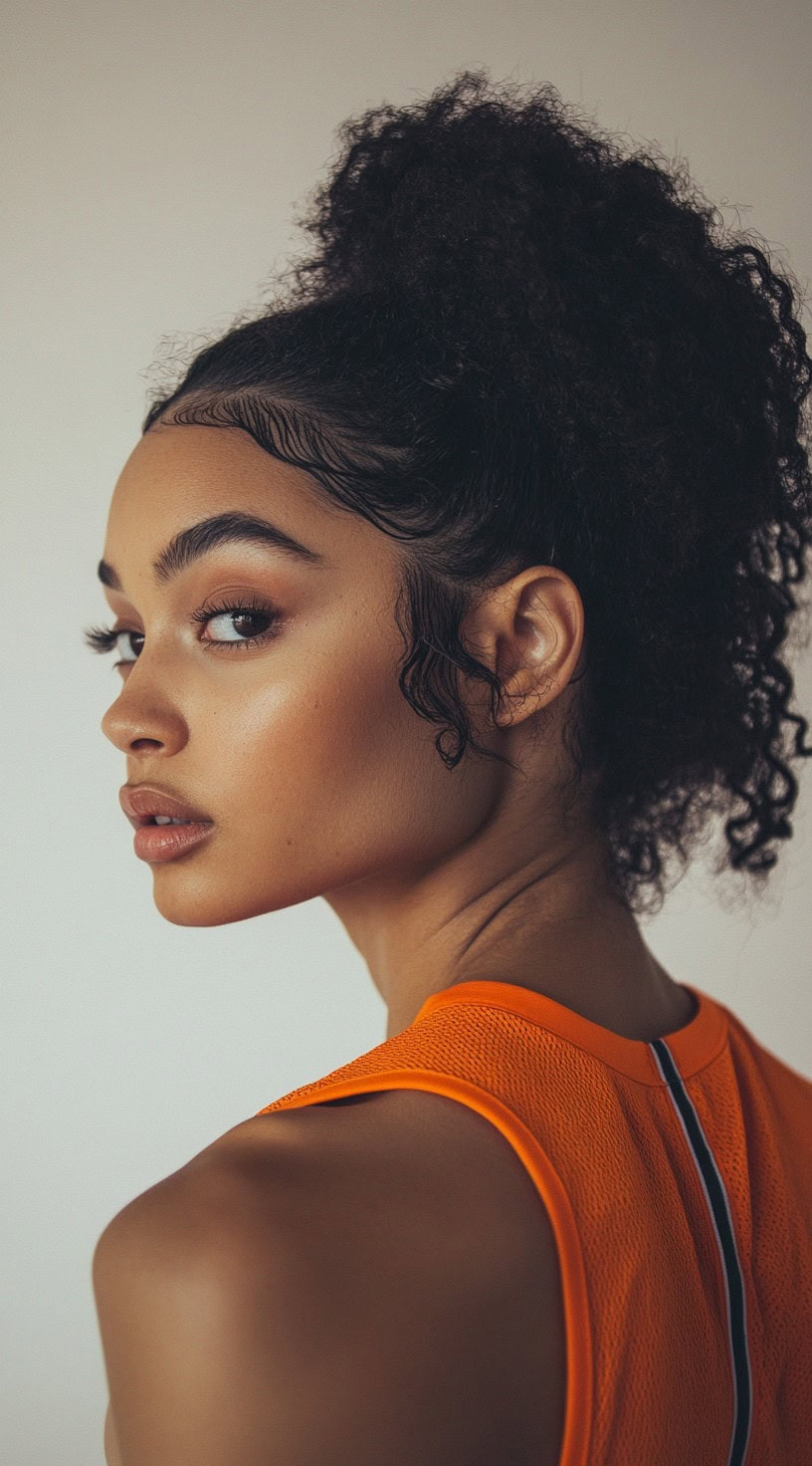 Profile view of a woman with a high puff of curly hair and defined baby hairs along the edges.