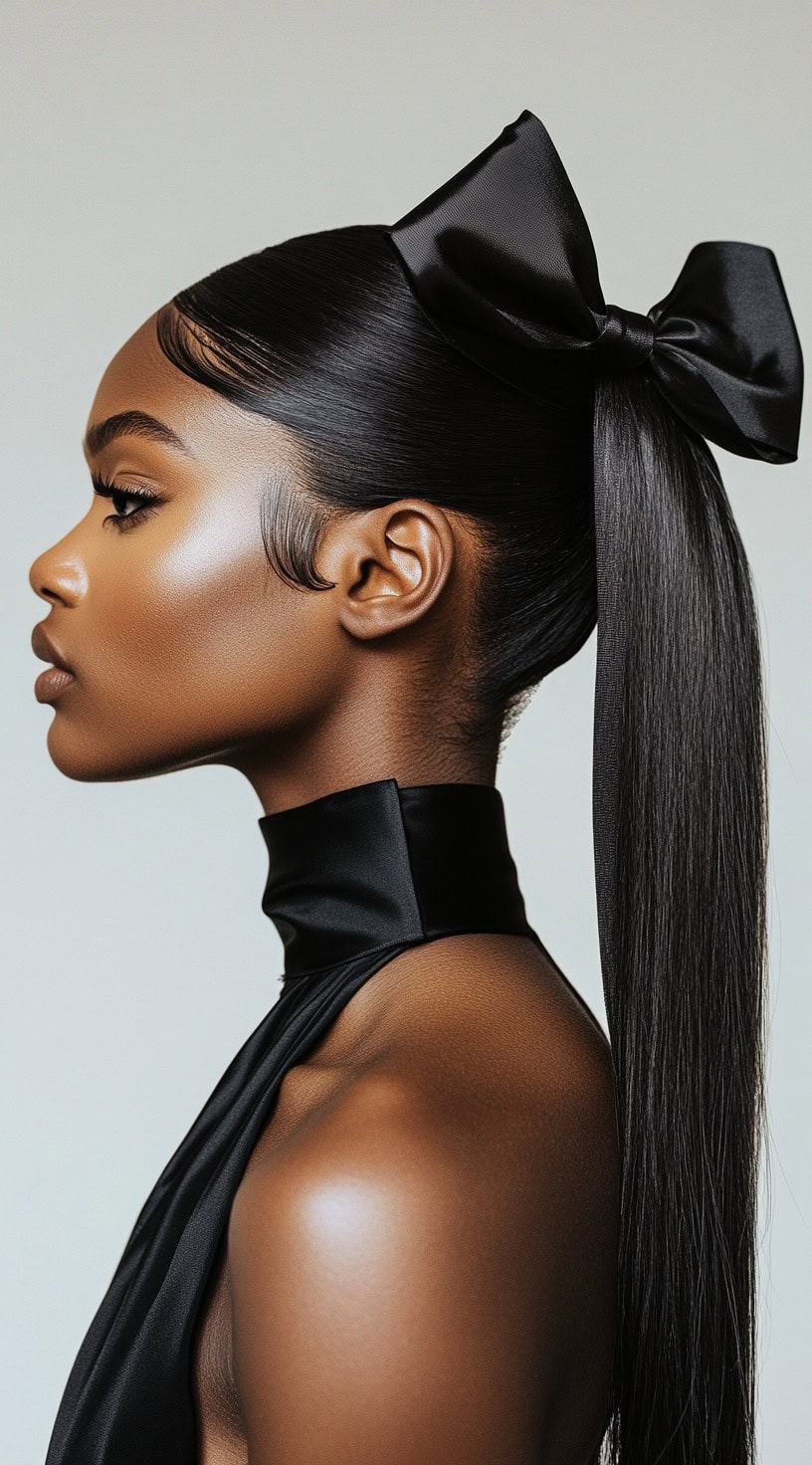 Side profile of a woman with a high sleek ponytail adorned with an oversized black bow.