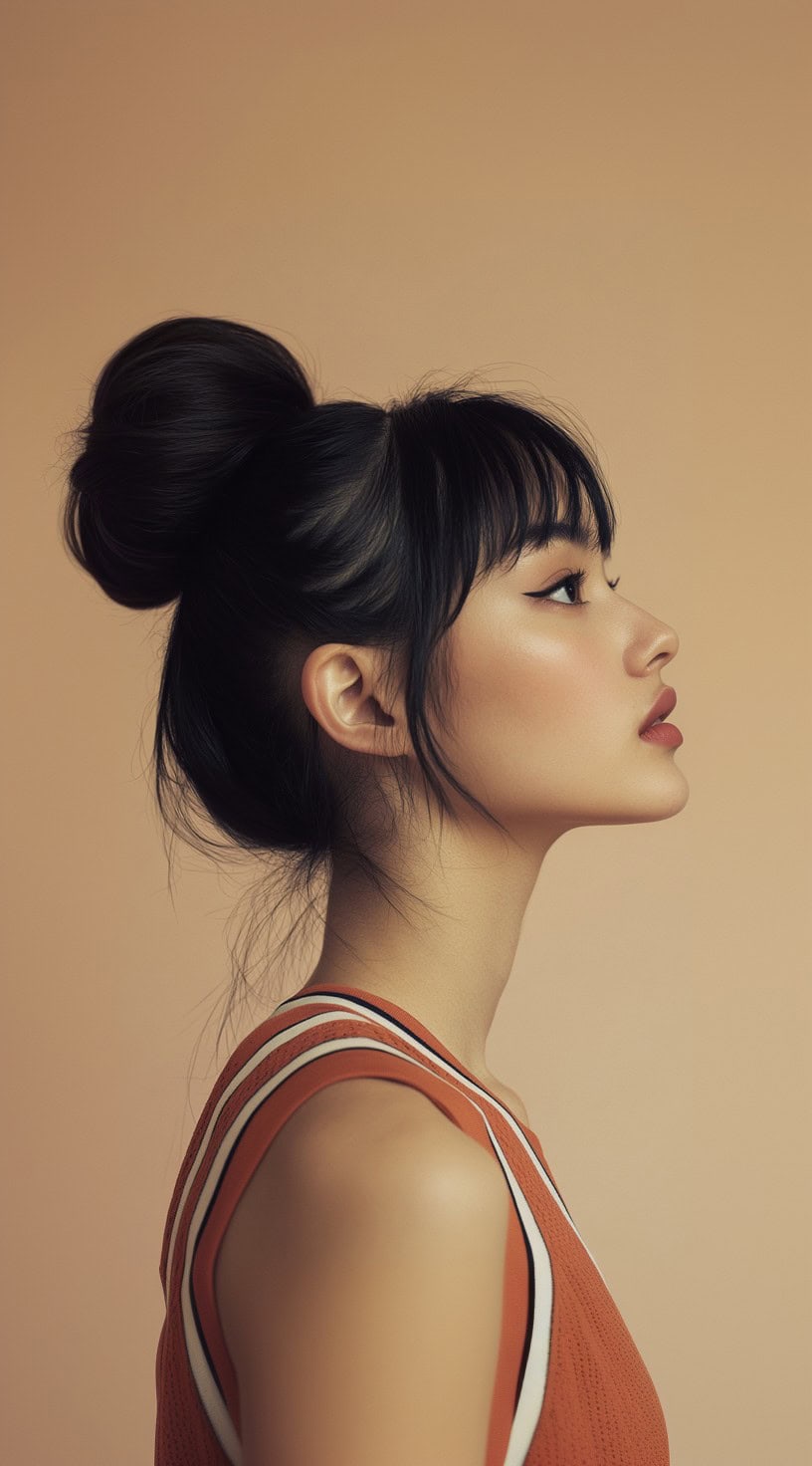 In this image, the person has a large, smooth bun positioned high on their head, paired with sleek, blunt bangs framing the face.