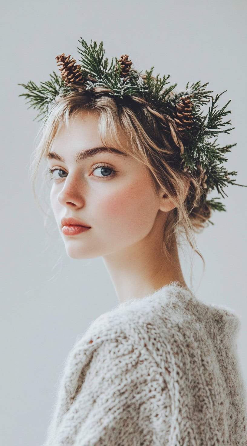 Side profile of a woman with a crown braid decorated with greenery and small pinecones.