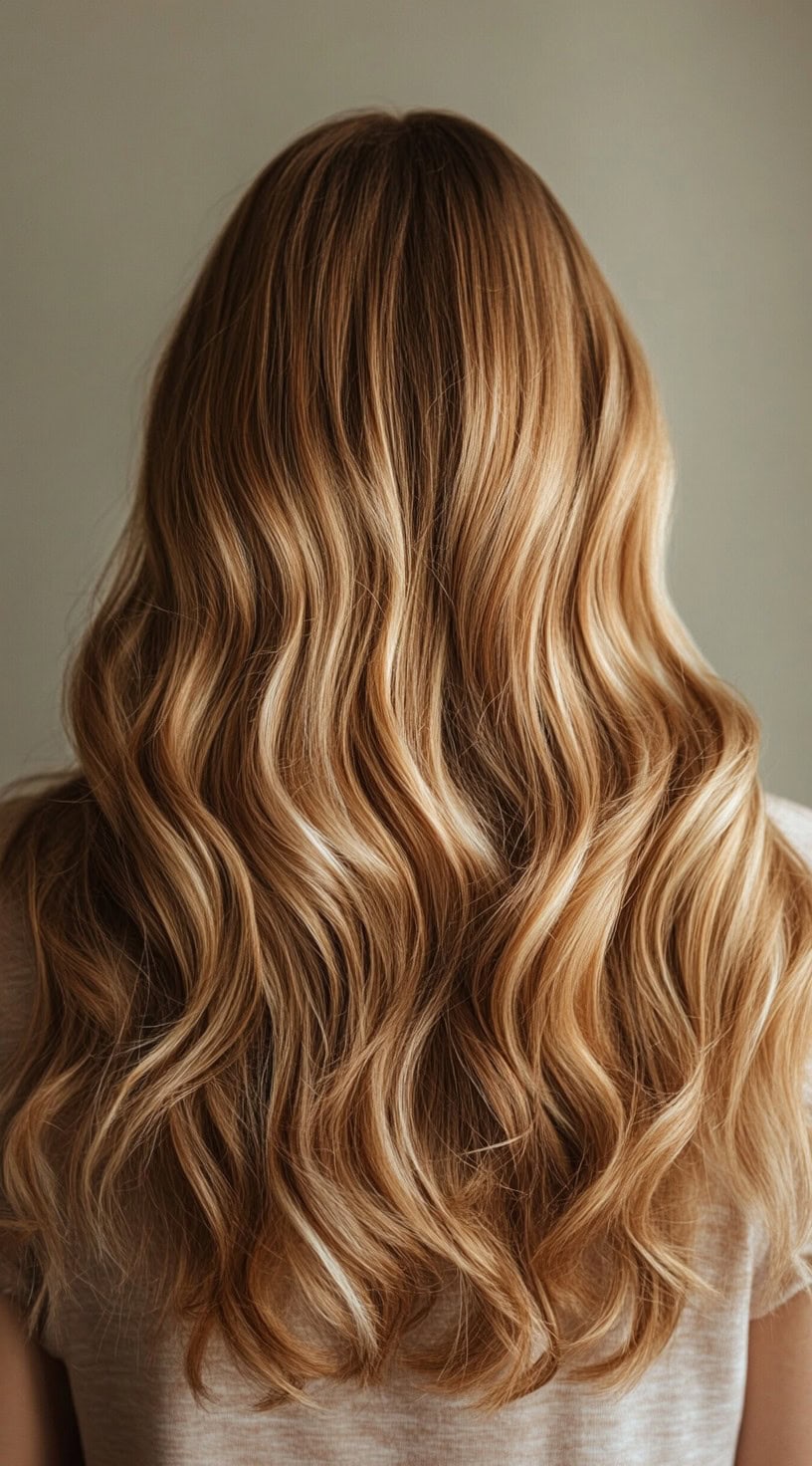 Back view of wavy hair with honey blonde highlights and golden hues starting from medium brown roots.