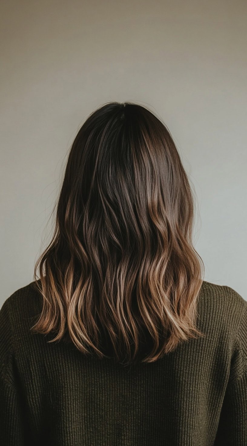 Warm brown hair with subtle honey blonde highlights and a slightly wavy texture.