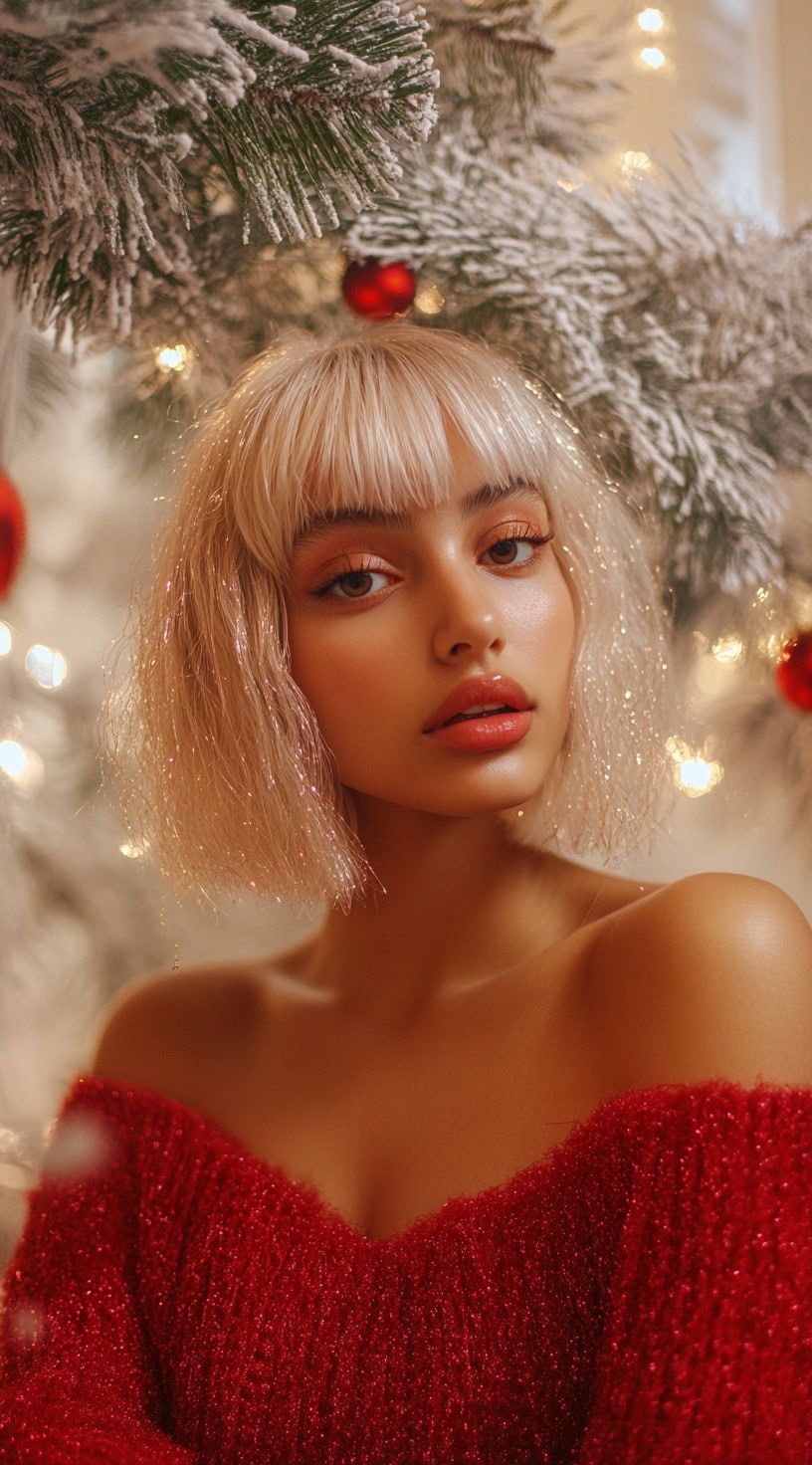 Close-up of a blonde bob with glitter strands, worn by a woman in a festive setting.