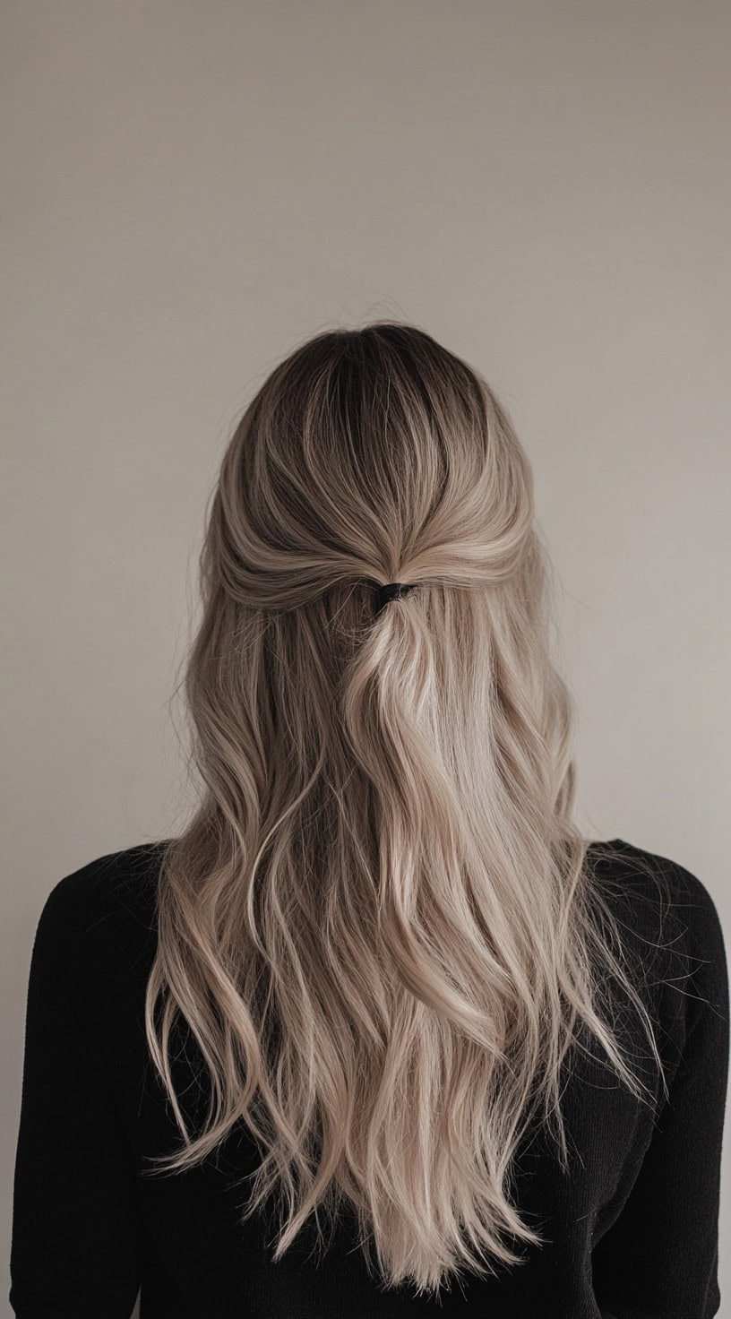 Back view of half-up, half-down wavy hair with cool-toned ash blonde highlights starting from medium blonde roots.