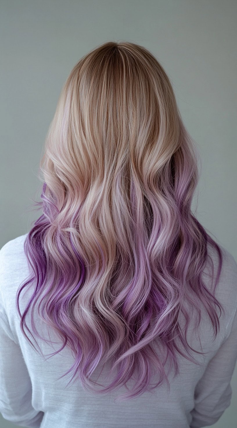 Back view of long, wavy hair with platinum blonde roots fading into rich lavender ends.