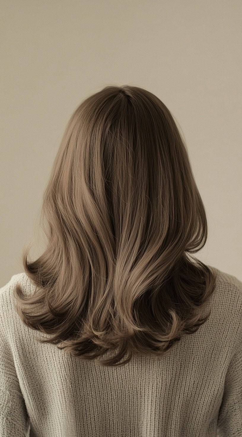 Back view of light brown hair with soft honey highlights enhancing the layers.