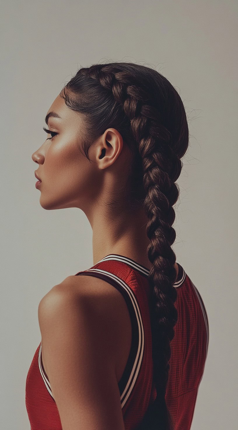 In this photo, the person has two long Dutch braids that meet and combine into a single braid.