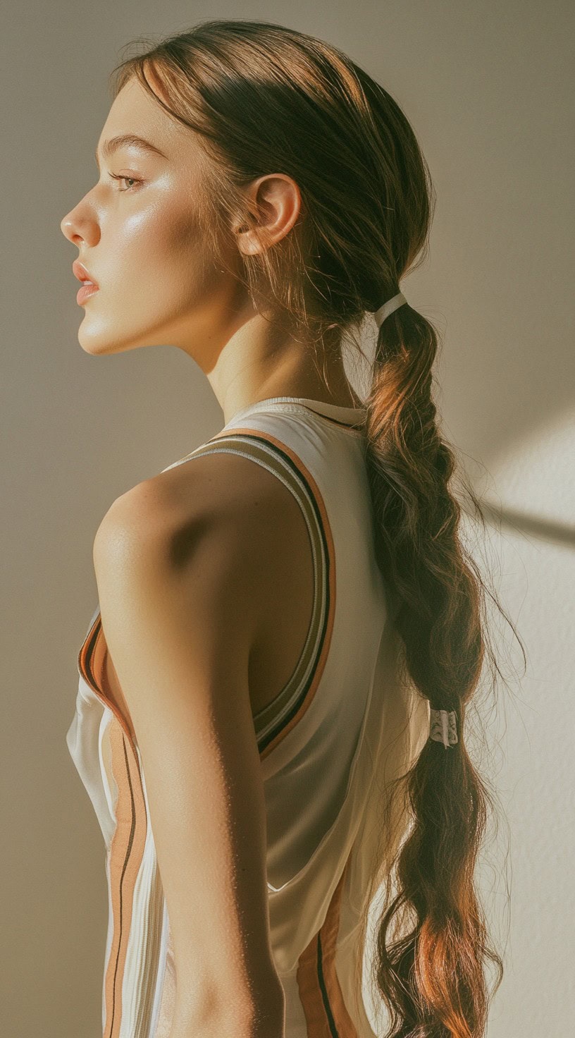 Profile view of a woman with a long, loosely sectioned ponytail, featuring natural waves throughout the braid.