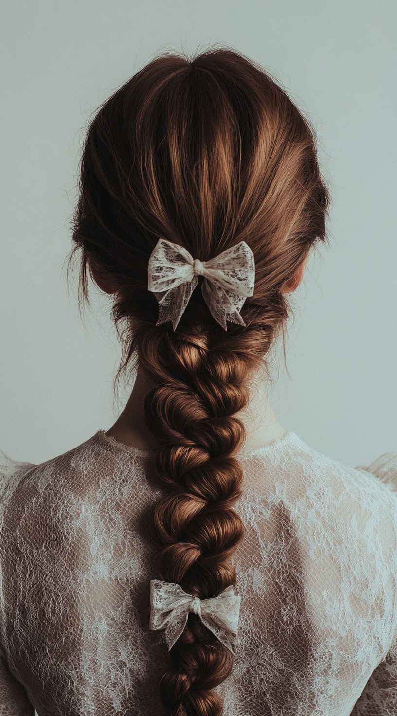 Back view of a woman with a loose braid decorated with lace bows.