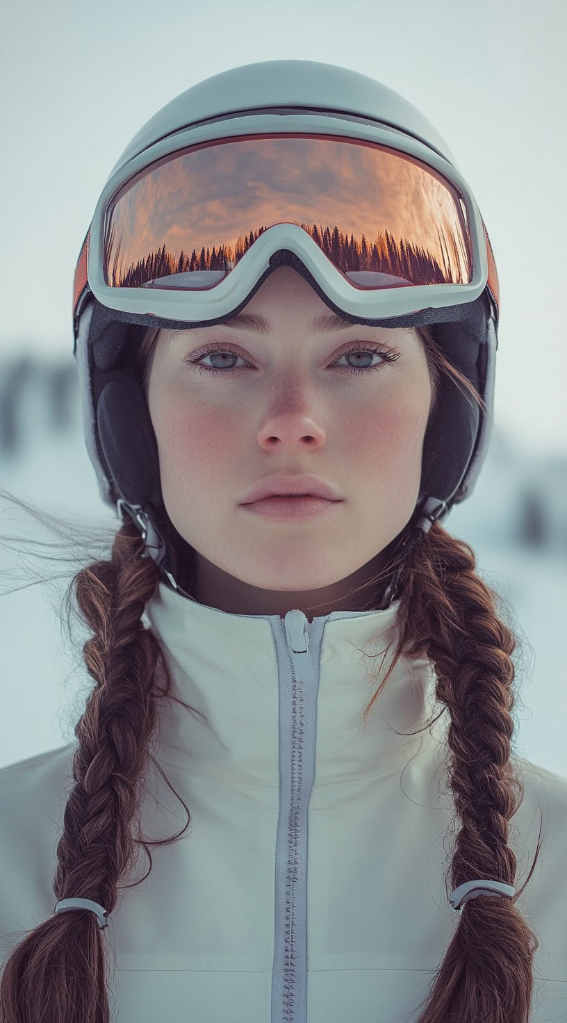 Young woman wearing a ski helmet with her long hair styled in two loosely braided pigtails.