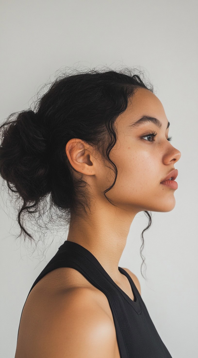 Profile view of a woman with a loosely styled low bun and natural curls framing the face.