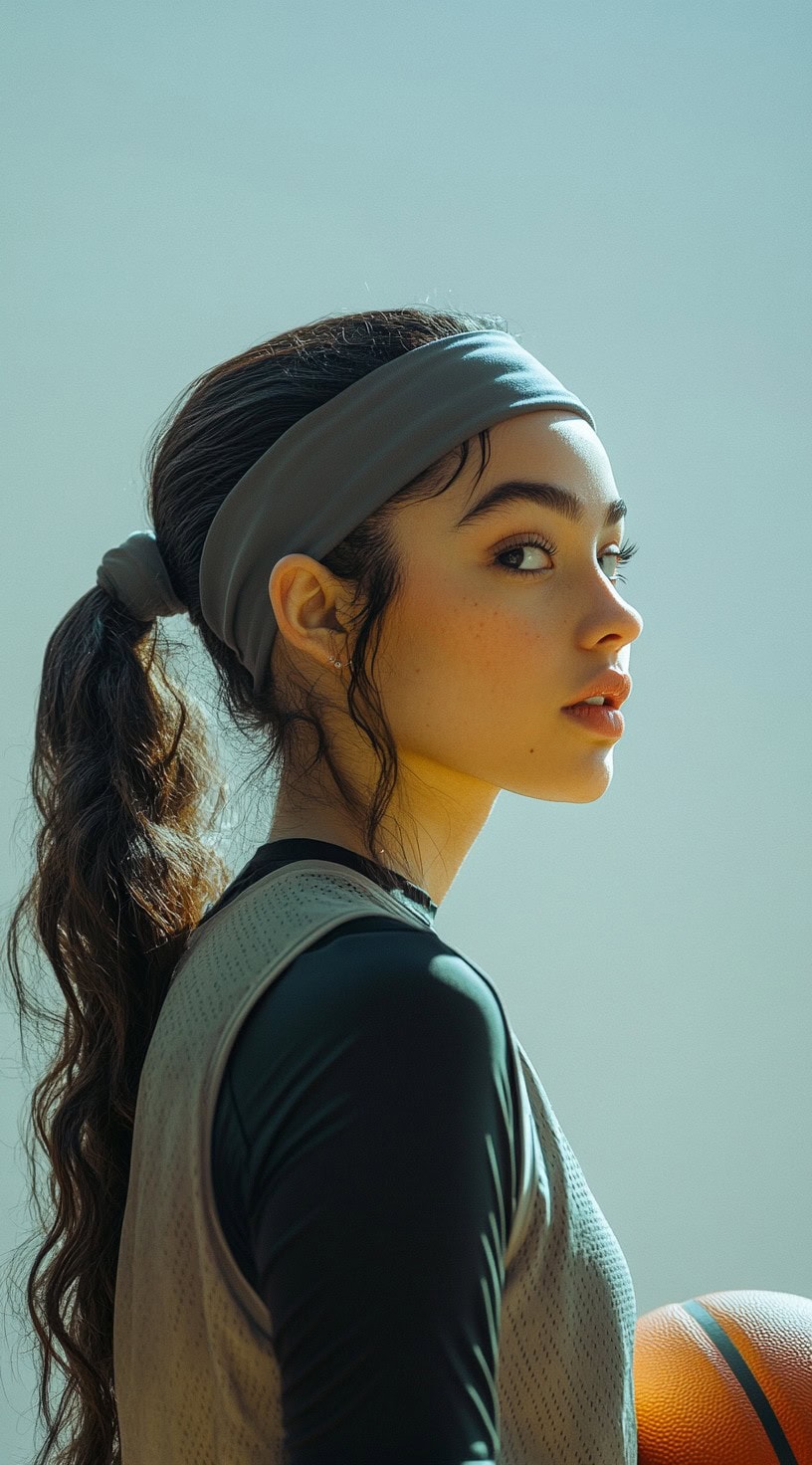 Profile view of a woman with a loose, wavy ponytail tied back and secured with a wide headband.