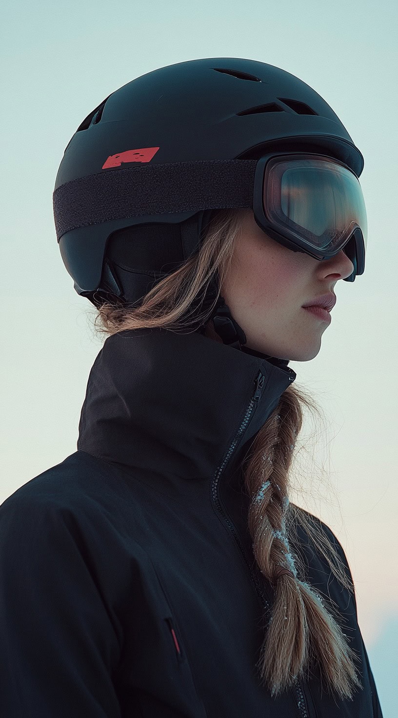 Side view of a woman wearing a black helmet with a loose, textured side braid, enhancing her natural look.