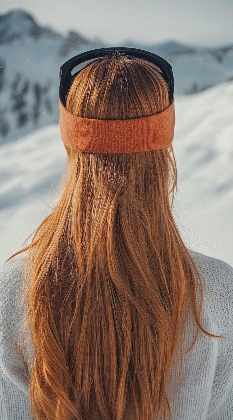 Back view of a woman with long, red hair styled into loose waves and held back by a headband.