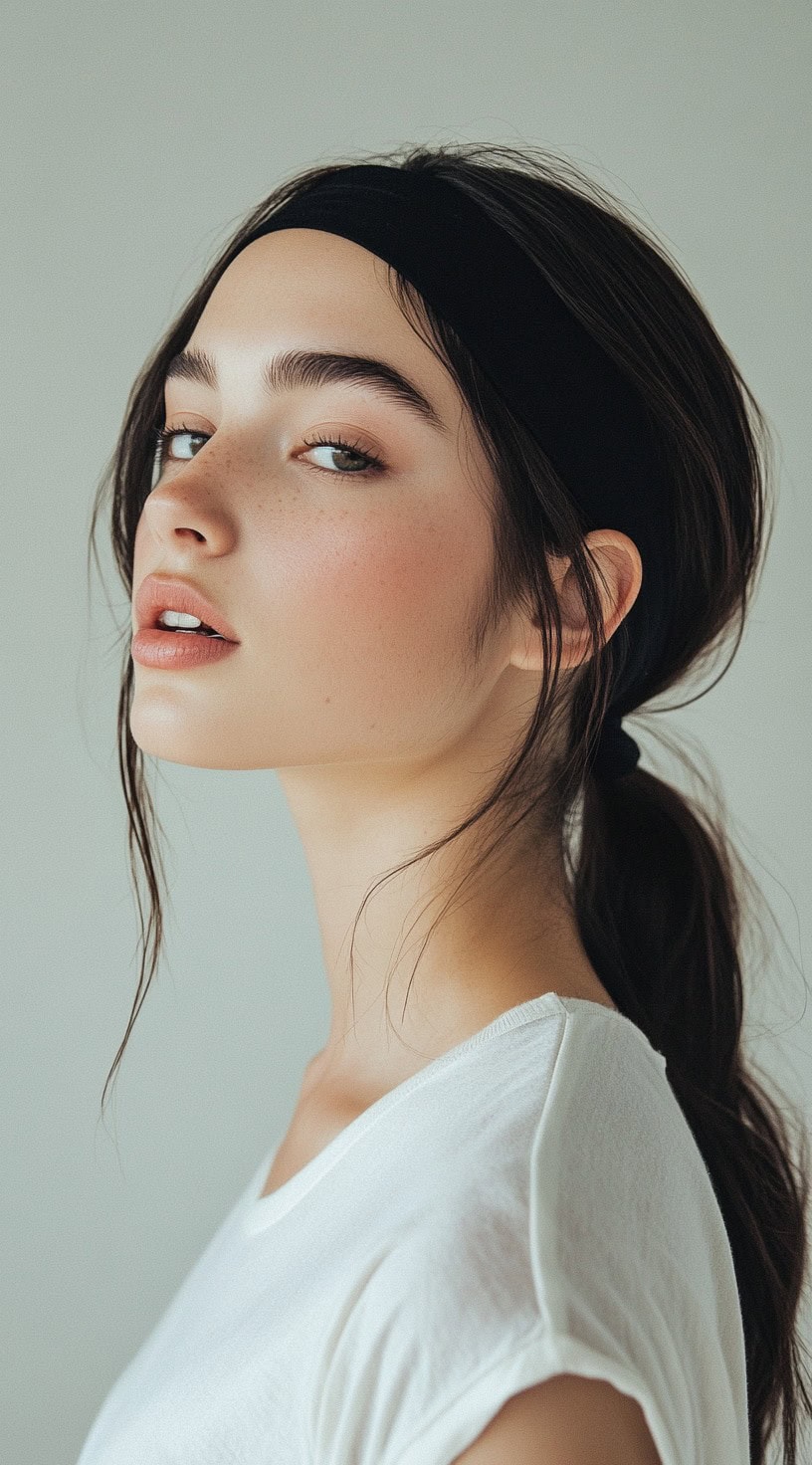 Profile view of a woman with a low ponytail and a black casual headband.