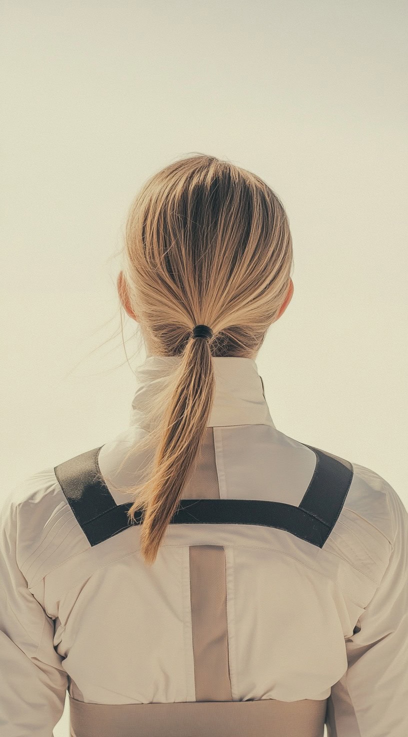 Back view of a woman with long, straight hair tied into a low ponytail, keeping it simple and neat under a ski helmet.