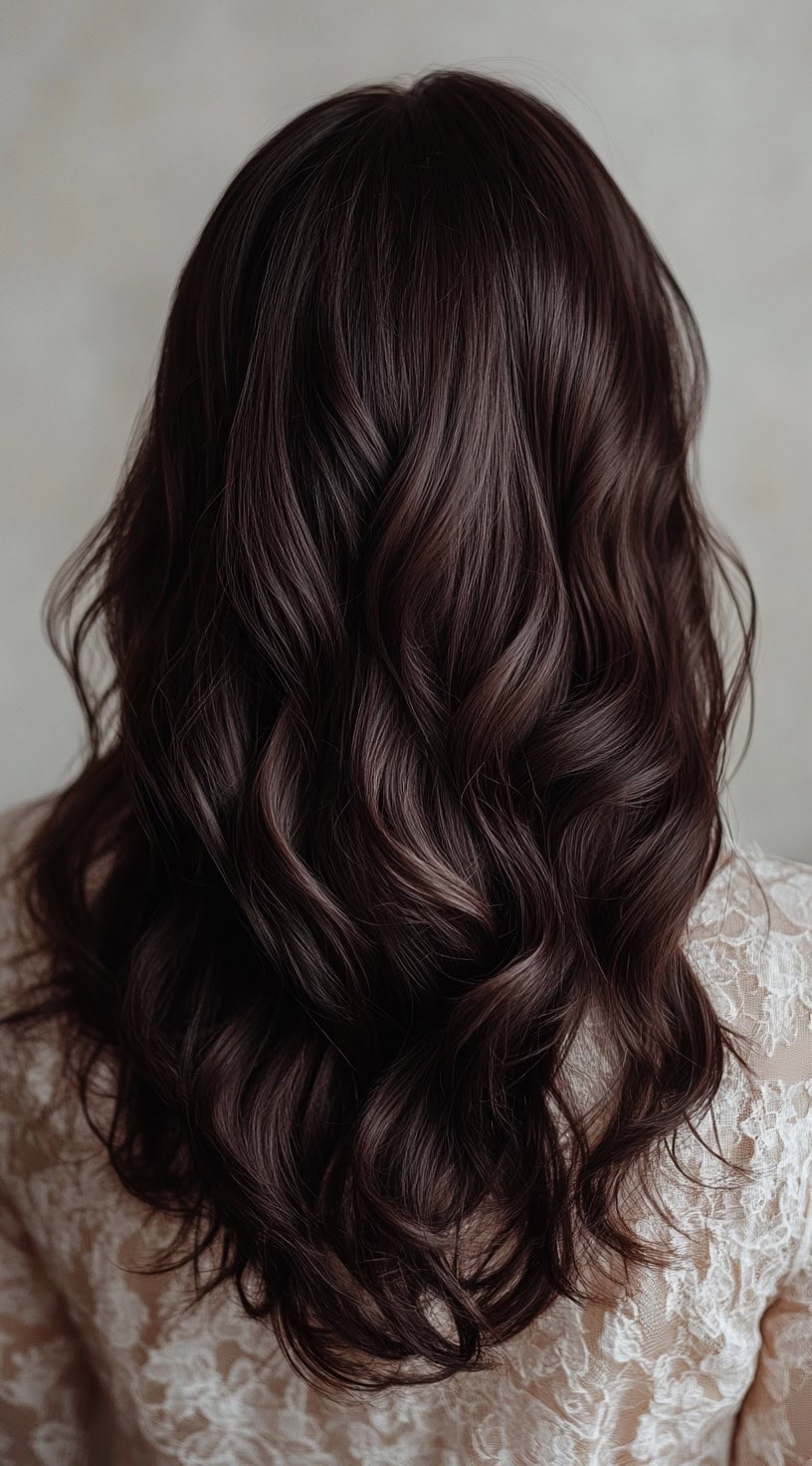 Back view of long, luxurious cocoa brown hair styled in glossy waves.