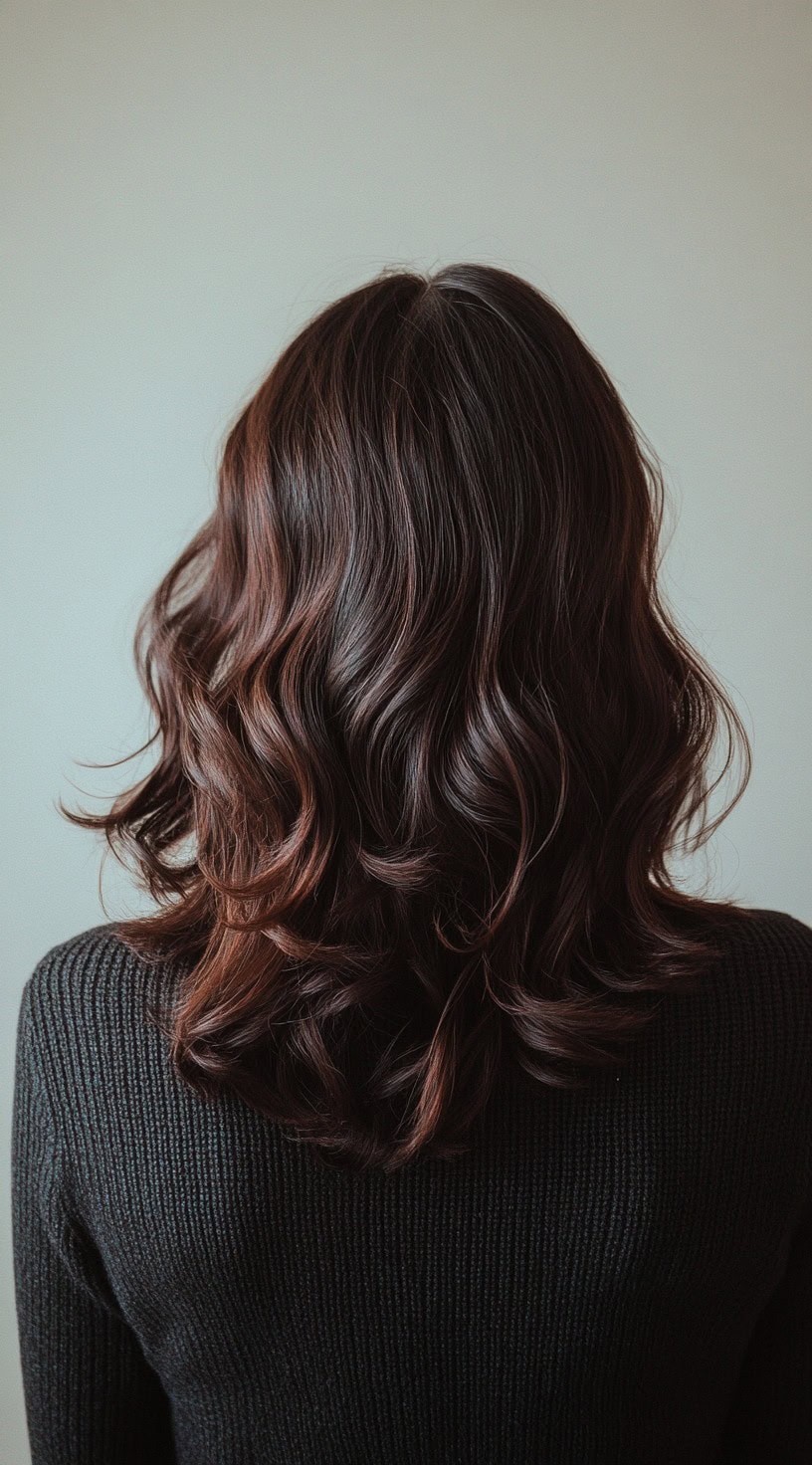 Short, wavy dark brown hair with rich mahogany highlights.