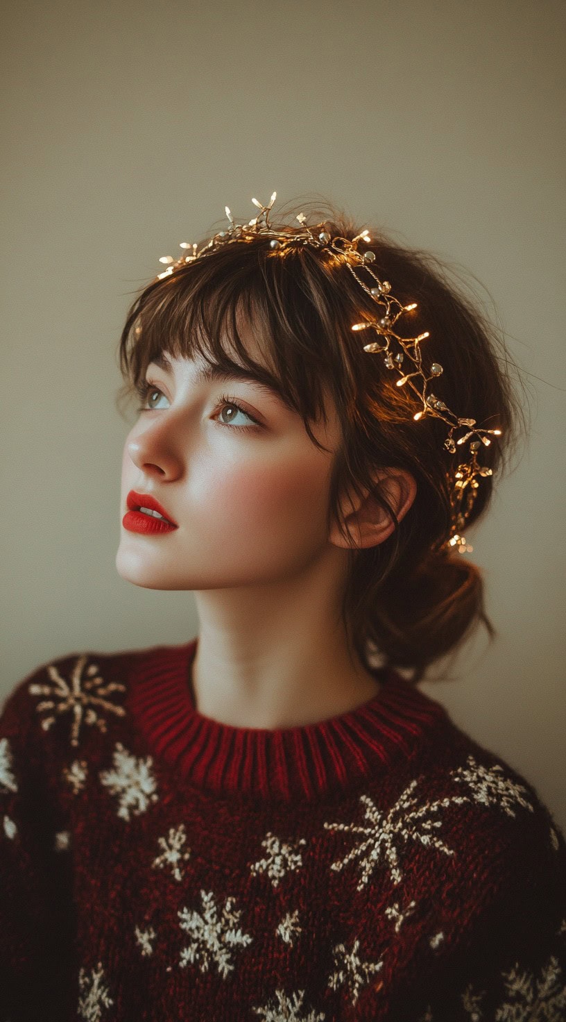 Side profile of a woman with a messy bun and a halo of twinkling fairy lights woven through her hair.