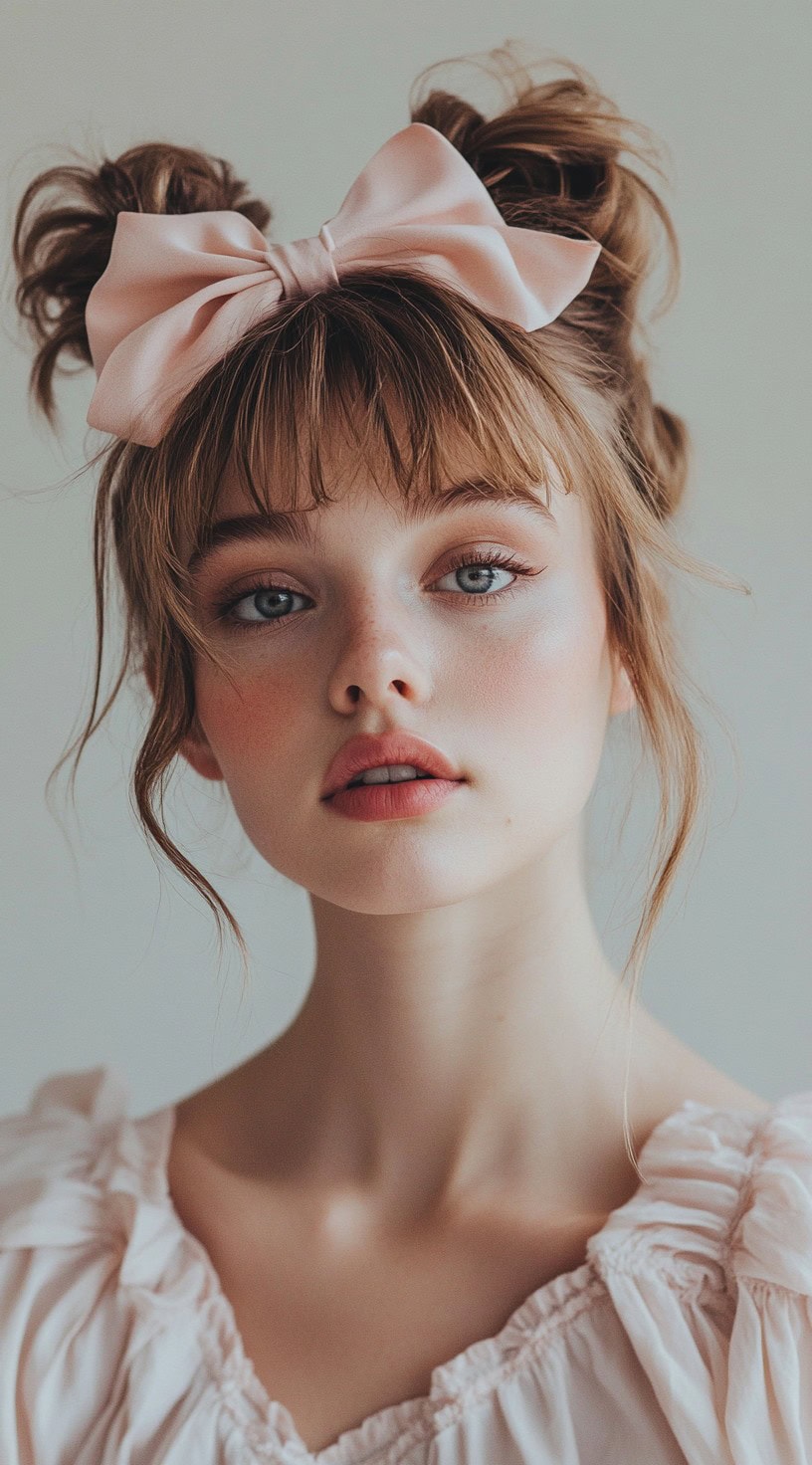 Front view of a woman with messy double buns and a large pink bow in the center.