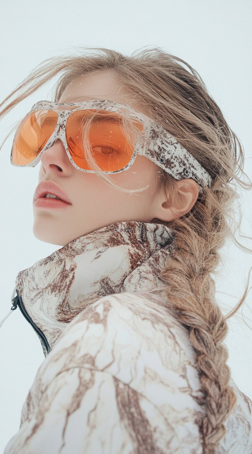 Side view of a woman wearing goggles, her long hair styled into a loose, messy fishtail braid.