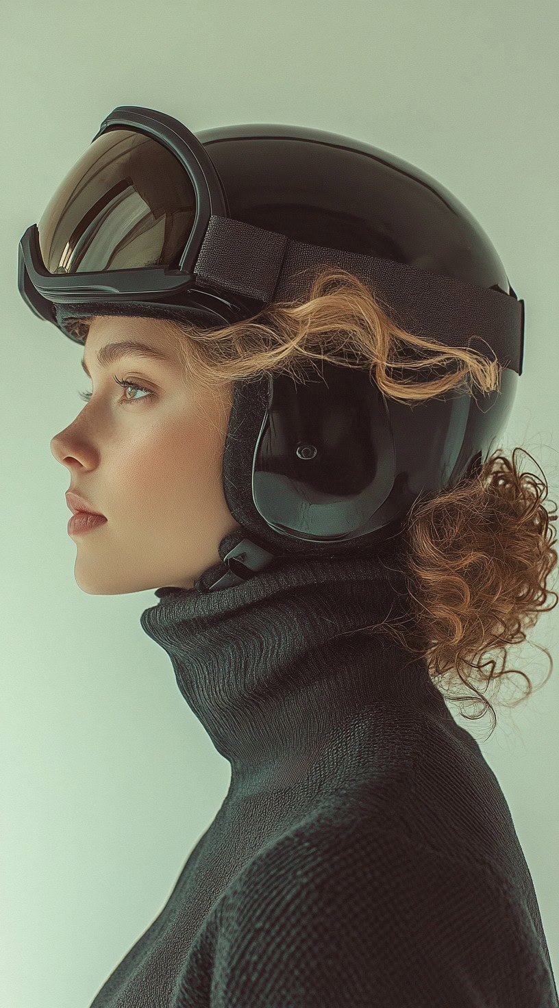 Side view of a woman with naturally curly hair styled into a loose, messy low bun, tucked under a ski helmet.