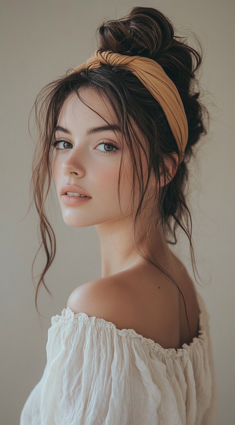 Close-up of a woman with a messy top knot and a knotted yellow headband.