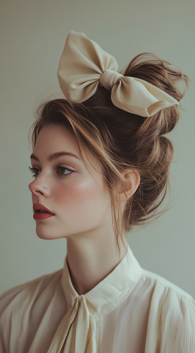 Side profile of a woman with a messy updo and a large cream-colored bow.