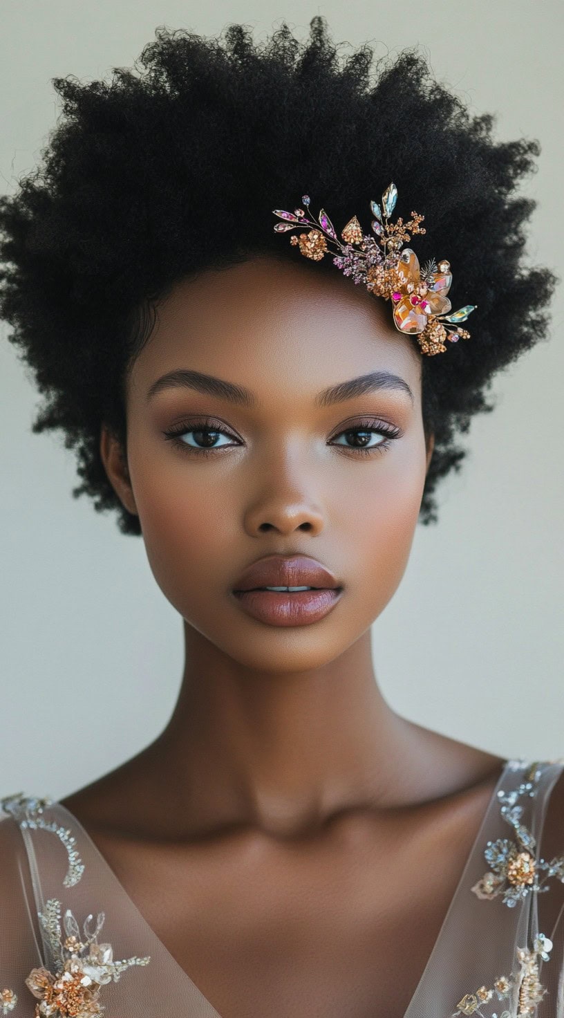 Front view of a woman with a natural afro, adorned with a crystal-encrusted floral hair clip on one side.