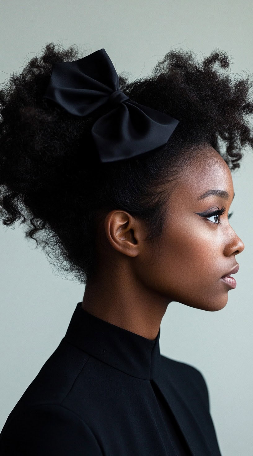 Side profile of a woman with natural curly hair styled in an updo with a black bow.