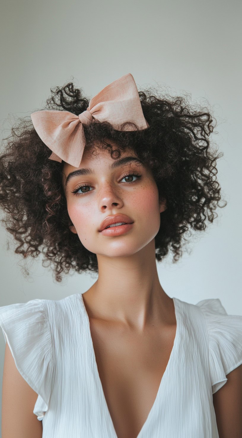 Front view of a woman with natural curly hair and a large peach-colored bow on top.