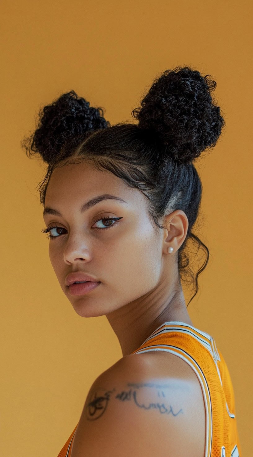 The person in this photo wears two natural curly buns on top of their head, with curls softly framing the face.