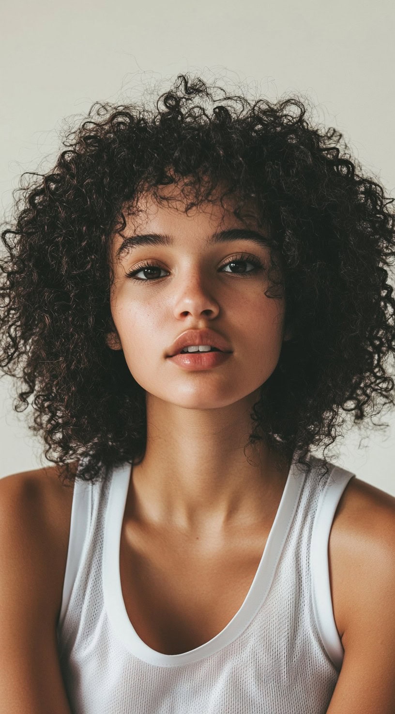 Front view of a woman with a natural curly fro, showcasing voluminous, tight curls.