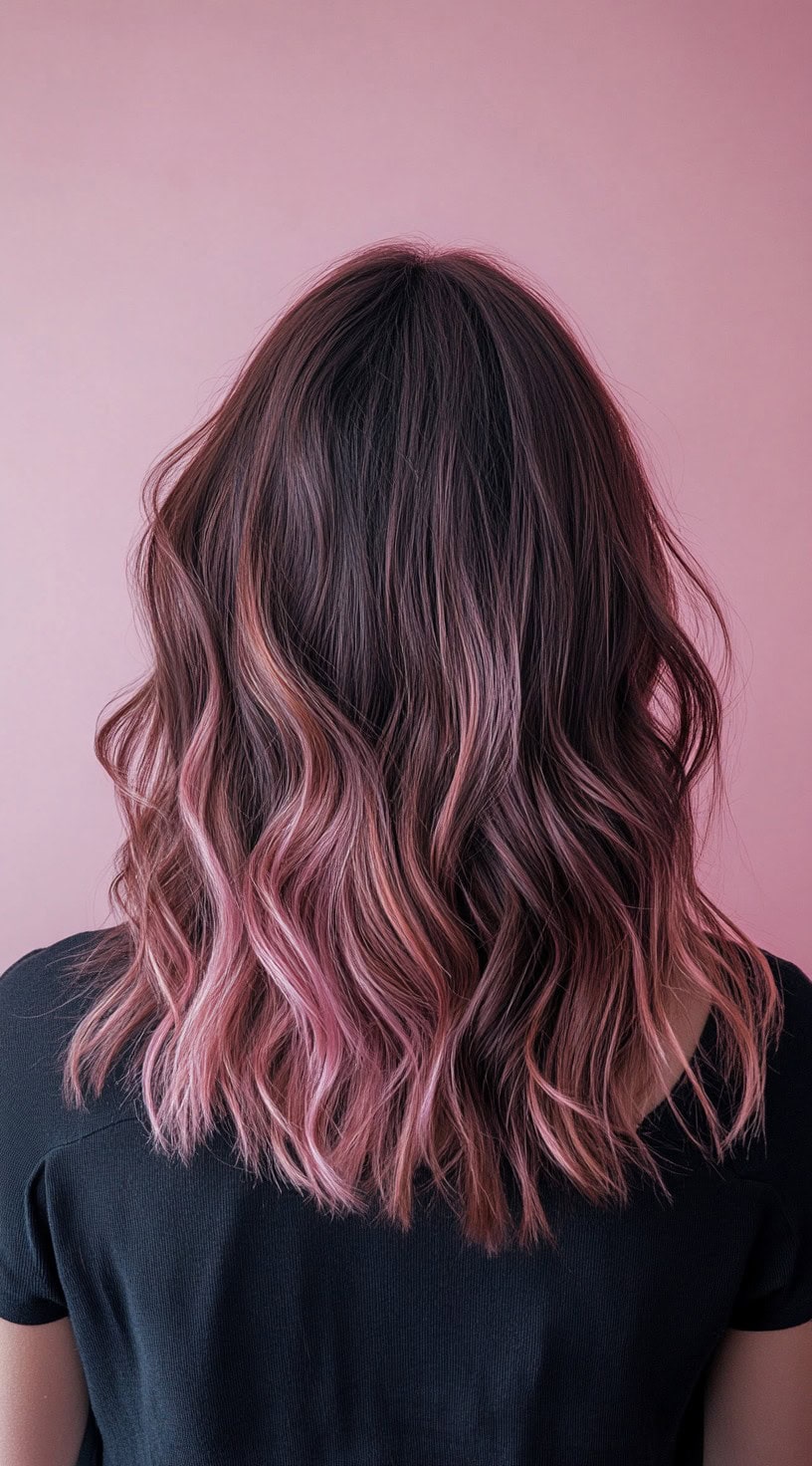 Medium-length dark brown hair with pastel pink ombre fading into the ends.