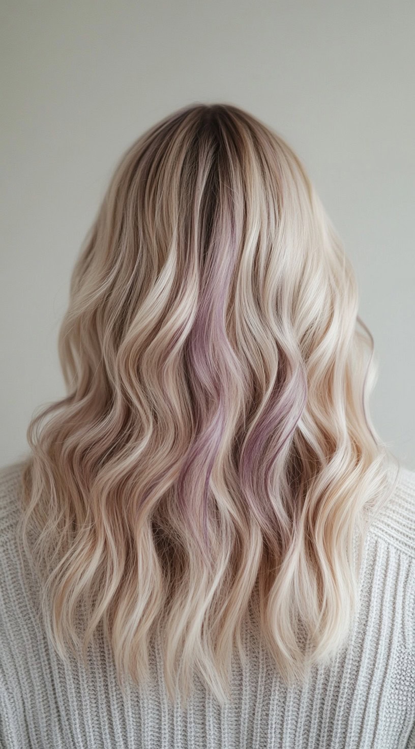 Back view of wavy platinum blonde hair with a few subtle lavender streaks.