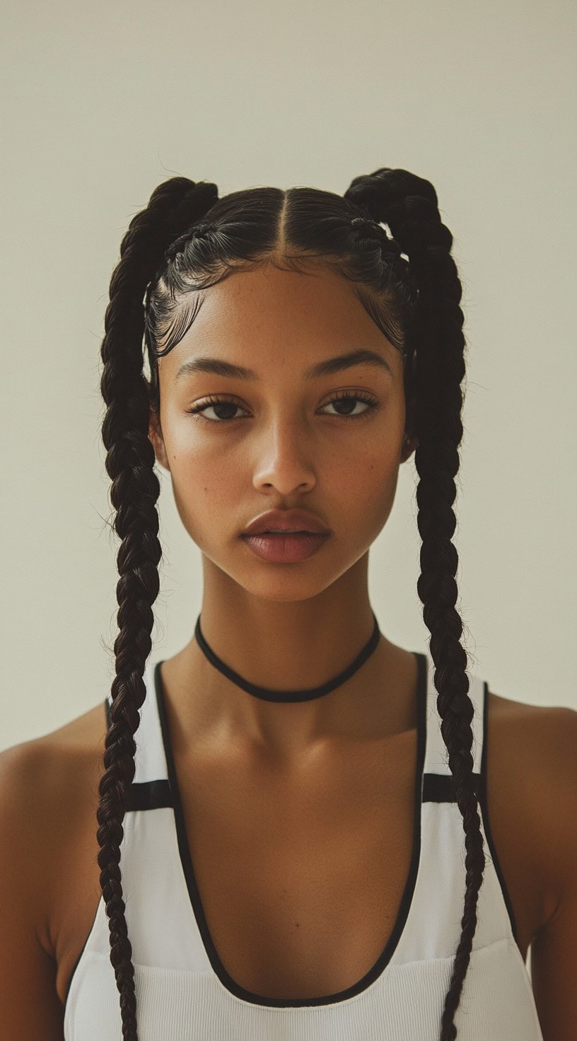 Front view of a woman with two high pigtail braids, styled neatly with a center parting.